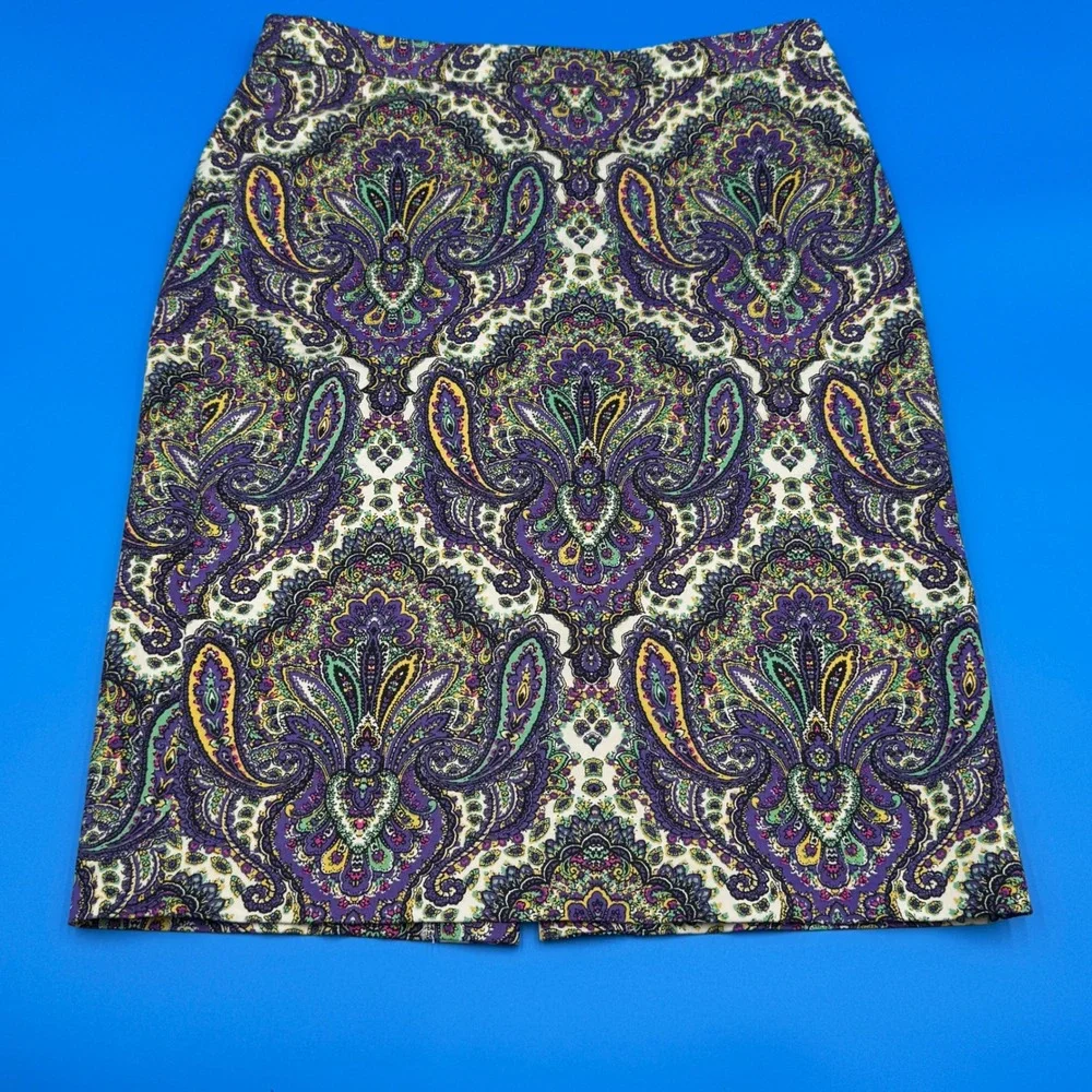 J. Crew No 2‎ Pencil Skirt Paisley Print Purple Green Yellow Classic Fit Size 6